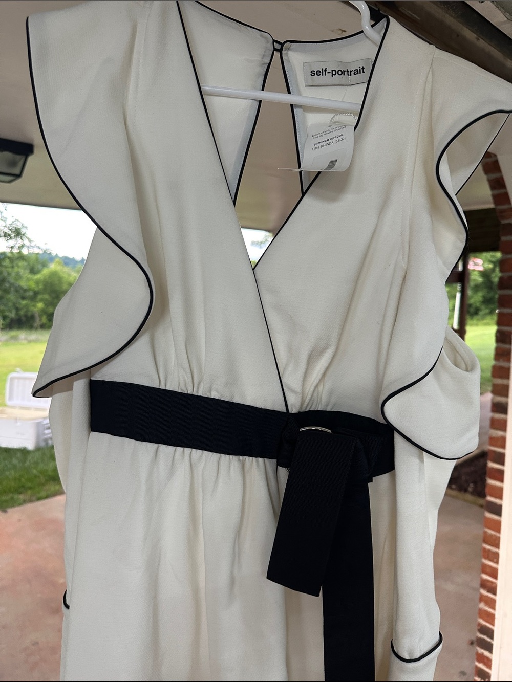 Self-Portrait Ivory Dress with Black Piping and Waist Tie
